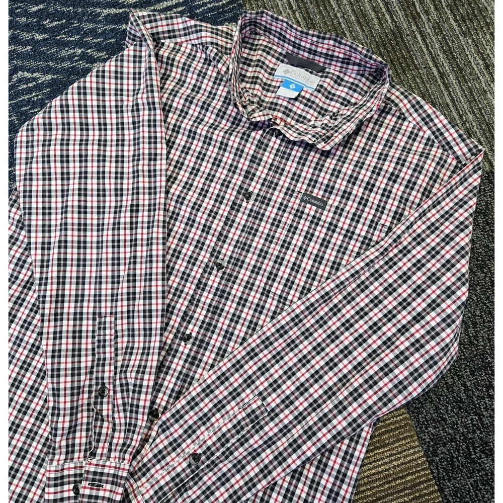 Columbia Button Down Shirt Mens L Long Sleeve Plaid Pocket Collared Red/Black